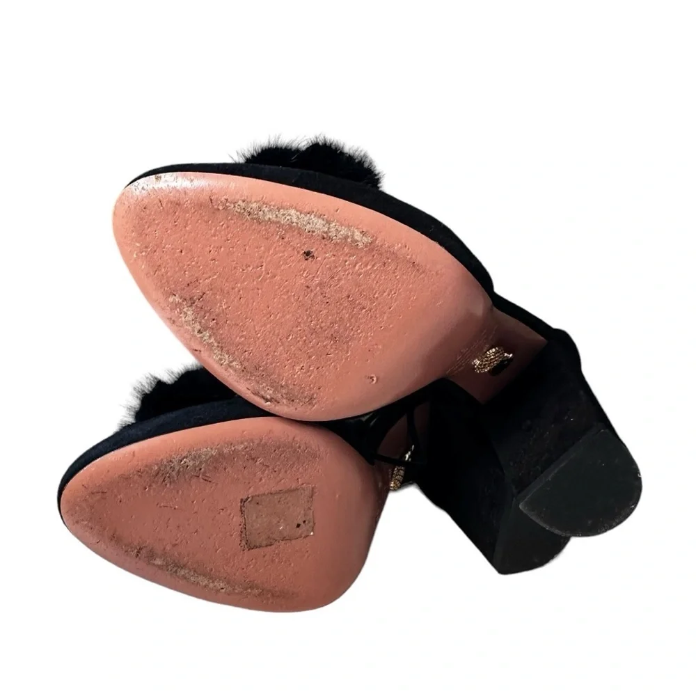 Aquazzura | Black Suede Wild Russian D'Orsay Pom Pom Ankle Wrap Pumps Size 37